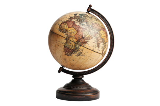 An antique style globe a vintage world map detailed continents a symbol of exploration travel and global discovery set against a stark on transparent background - Powered by Adobe