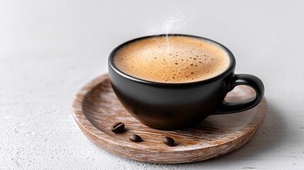 Fototapeta premium Espresso cup centered in soft focus, rustic wood and warm highlights, light steam rising, relaxed morning scene, elegant and calm food photography