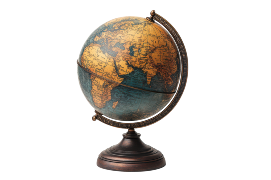 Antique style globe showcasing world map details a vintage travel artifact perfect for home decor featuring rich bronze tones against a on transparent background
