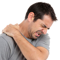 Fototapeta premium Man with shoulder pain isolated on a transparent background