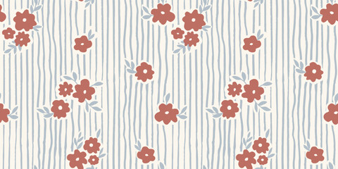 Seamless pattern with ink doodle abstract flowers and leaves on vertical stripes. Trendy aesthetic blue and brown background. Hand drawn vector illustration. Boho, beach, jungle wallpaper.