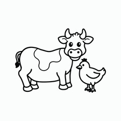 Cartoon Farm Animals – Cute Cow and Rooster Coloring Page. cow cartoon coloring page