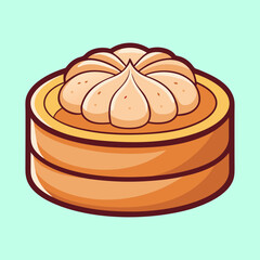 A charming illustration of a dim sum dumpling in a bamboo steamer