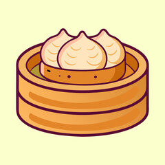 Illustration of Chinese Steamed Buns in a Bamboo Steamer Basket Container