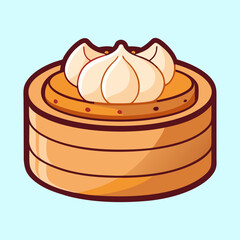 Delicious cartoon dim sum in a bamboo steamer basket illustration