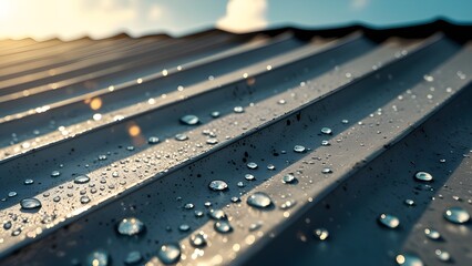 Water droplets beading on textured metallic surface.
