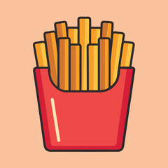 Stylized Illustration of French Fries in a Red Container with Black Outline