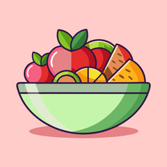 Vibrant fruit salad in a green bowl against a pastel backdrop