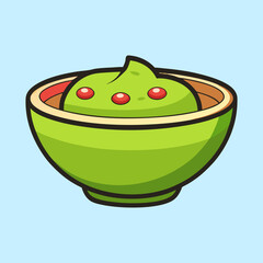 Stylized guacamole in a green bowl with red accents on light blue