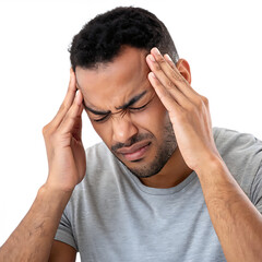 Fototapeta premium Man pressing temples in pain isolated on a transparent background