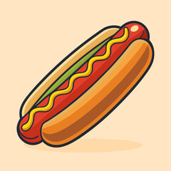 Delicious cartoon hot dog with mustard relish and a fresh bun