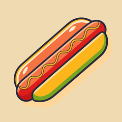 Stylized Hot Dog Illustration with Mustard on Tan Background Ready to Eat