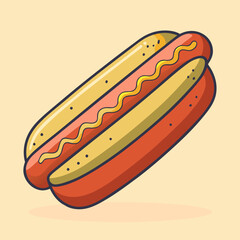 Stylized Hot Dog with Mustard, Bun, and Sausage Illustration on Plain Background