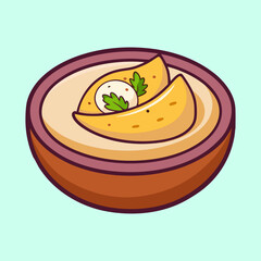 Cartoonish bowl of soup with potatoes, cream and garnish for kids