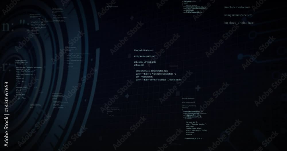 Poster virtual digital interface floating on dark grid, glowing c++ snippets moving around circular hud