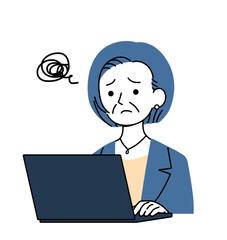 シニア世代のビジネスパーソン　パソコン操作に悩む　イラスト素材