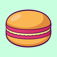 Cute cartoon illustration of a single orange and pink macaron dessert