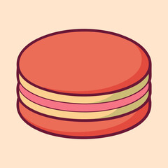 Stylized strawberry macaroon illustration, simple dessert drawing with creamy filling and pink background