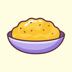 Cartoon illustration of a yellow food dish in a purple bowl
