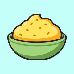 Cartoon illustration of a bowl of yellow creamy food with decoration