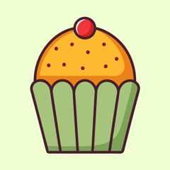 Stylized Cupcake with Cherry Topping and Green Wrapper on a Light Background