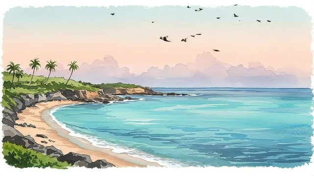 Watercolor painting of Navio Beach in Vieques showing soft aqua and deep blue sea under pastel pink-orange sunset sky