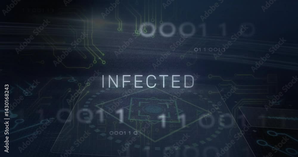 Poster infected text pulsing over dark grid layout, displaying flat design circuit nodes and binary code