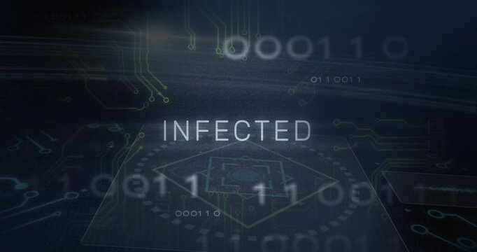 INFECTED text pulsing over dark grid layout, displaying flat design circuit nodes and binary code
