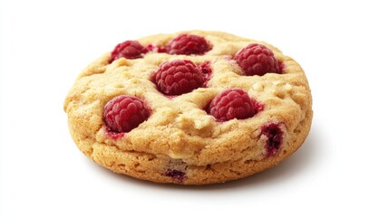 A cookie with raspberries and dark berries on a white background, showcasing the fresh ingredients.