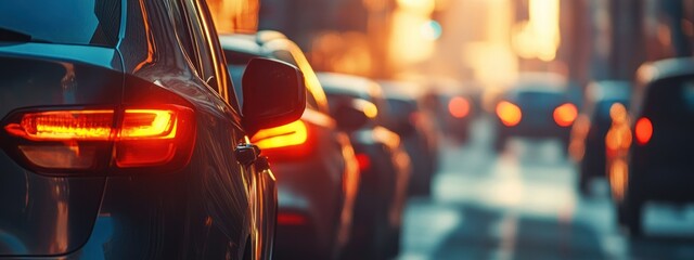 A busy urban street filled with cars during sunset, highlighting traffic and city life.