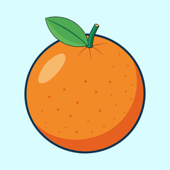Cartoon illustration of a juicy orange with a green leaf