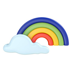 A vibrant 3D rainbow with distinct blue, green, yellow, and red arcs emerges from behind a soft light blue cloud in this cheerful illustration of a hopeful sky.