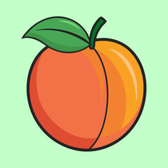 Cartoon peach with a green leaf on a light green background
