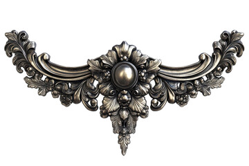 Obraz premium Elegant silver rococo style ornament intricate floral details central jewel toned accent isolated on black background perfect for design on transparent background