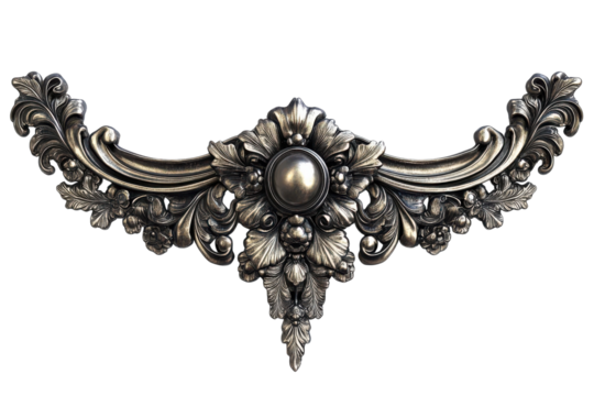 Elegant silver rococo style ornament intricate floral details central jewel toned accent isolated on black background perfect for design on transparent background