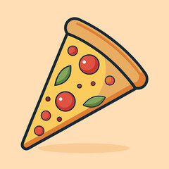 Delicious Cartoon Pizza Slice with Pepperoni and Basil on Beige Background