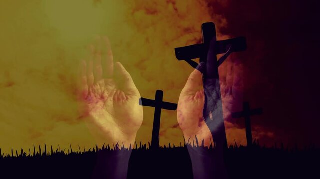 Translucent stigmata palms being visualized over silhouetted crosses on hill, using flat design