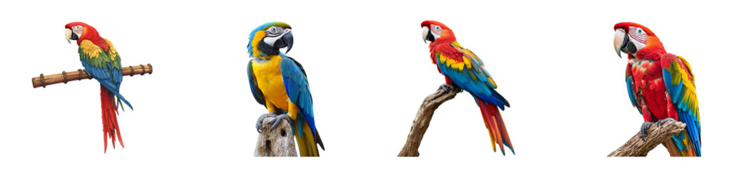 Naklejka premium Colorful parrots perched on branches with transparent background