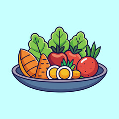 Whimsical cartoon salad bowl illustration featuring carrots, tomatoes, eggs, and greens