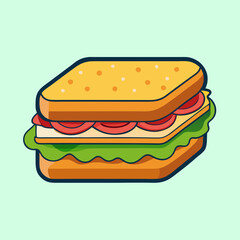 Delicious cartoon sandwich with lettuce, tomato and cheese on a light background
