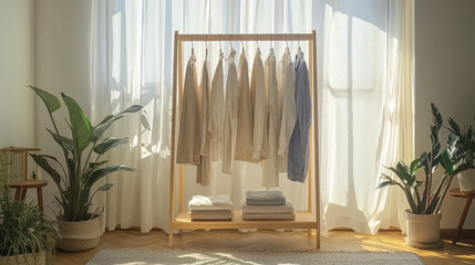 Bright minimalist bedroom with natural wooden furniture and a capsule wardrobe radiating calmness in soft sunlight