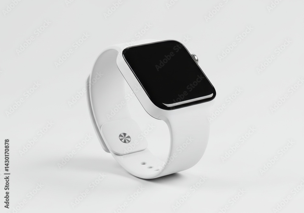 Poster a close up shot of a white smart watch with a black screen on a white background in a studio setting
