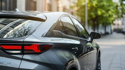 Fototapeta premium A dark gray car's rear end parked on a city street.