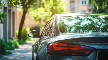 A gray sedan parked on a city street, bathed in sunlight.