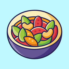 Cartoonstyle bowl of colorful salad with fruit and nuts on blue background