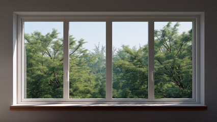 4 white plastic windows on the wall view of trees outside through the windows
