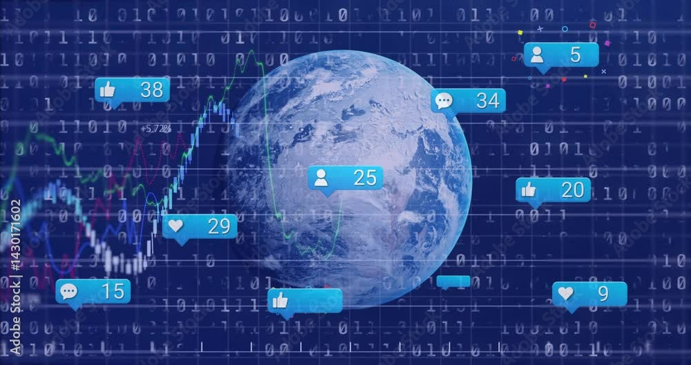 Poster earth globe spinning in flat design over code grid showing floating likes icons and market charts