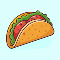 Cartoon illustration of a tasty taco with lettuce and tomatoes inside
