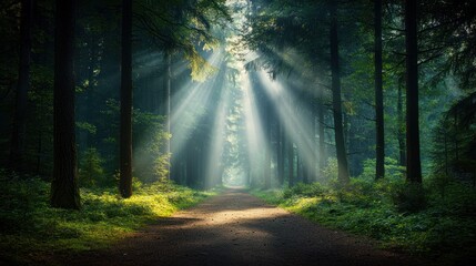 Fototapeta premium Sunlight path in a misty forest