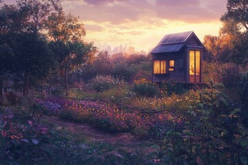 A cozy tiny house nestled in a vibrant flower garden at sunset, overlooking a distant city.
